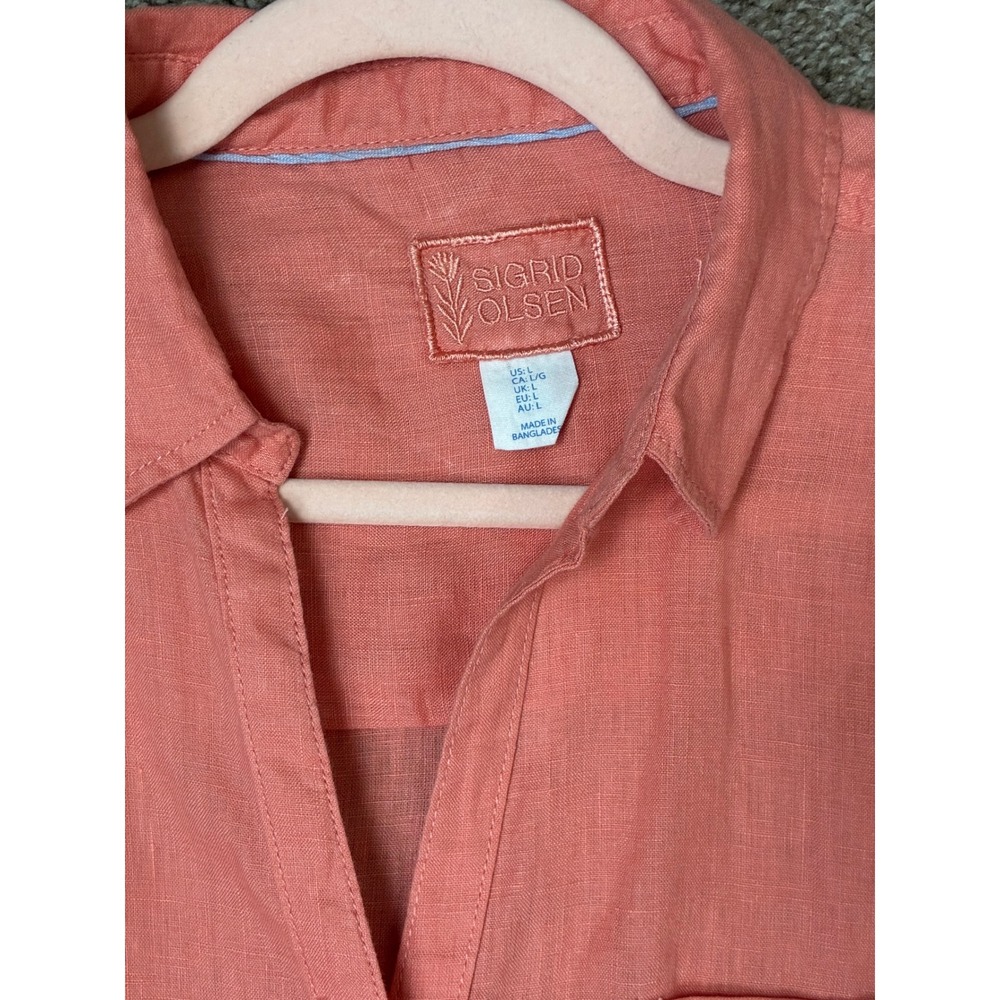 Sigrid Olsen Women Coral Pink 100% Linen Button Up Roll Tab Sleeve Shirt Size L - Picture 3 of 7